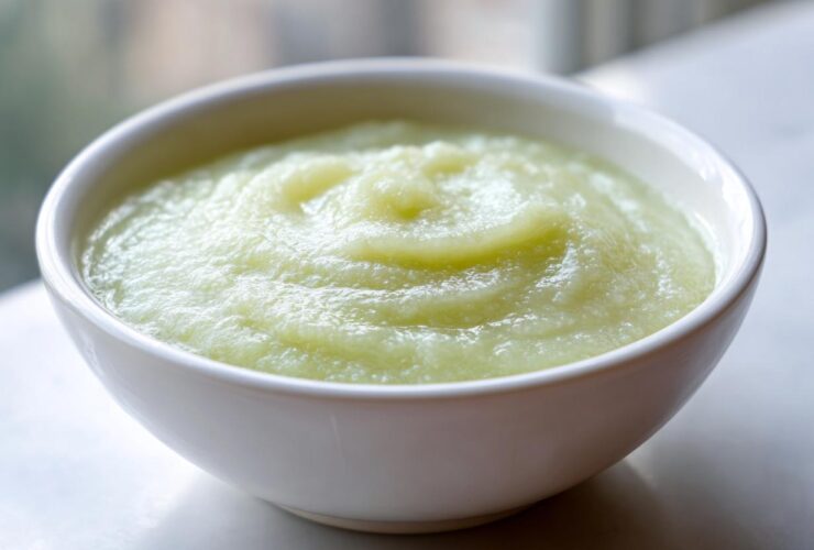 Close-up of a white bowl filled with smooth, light green Creamy Potato Leek Soup.