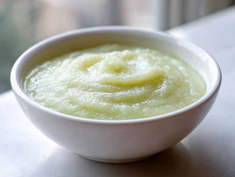 Close-up of a white bowl filled with smooth, light green Creamy Potato Leek Soup.