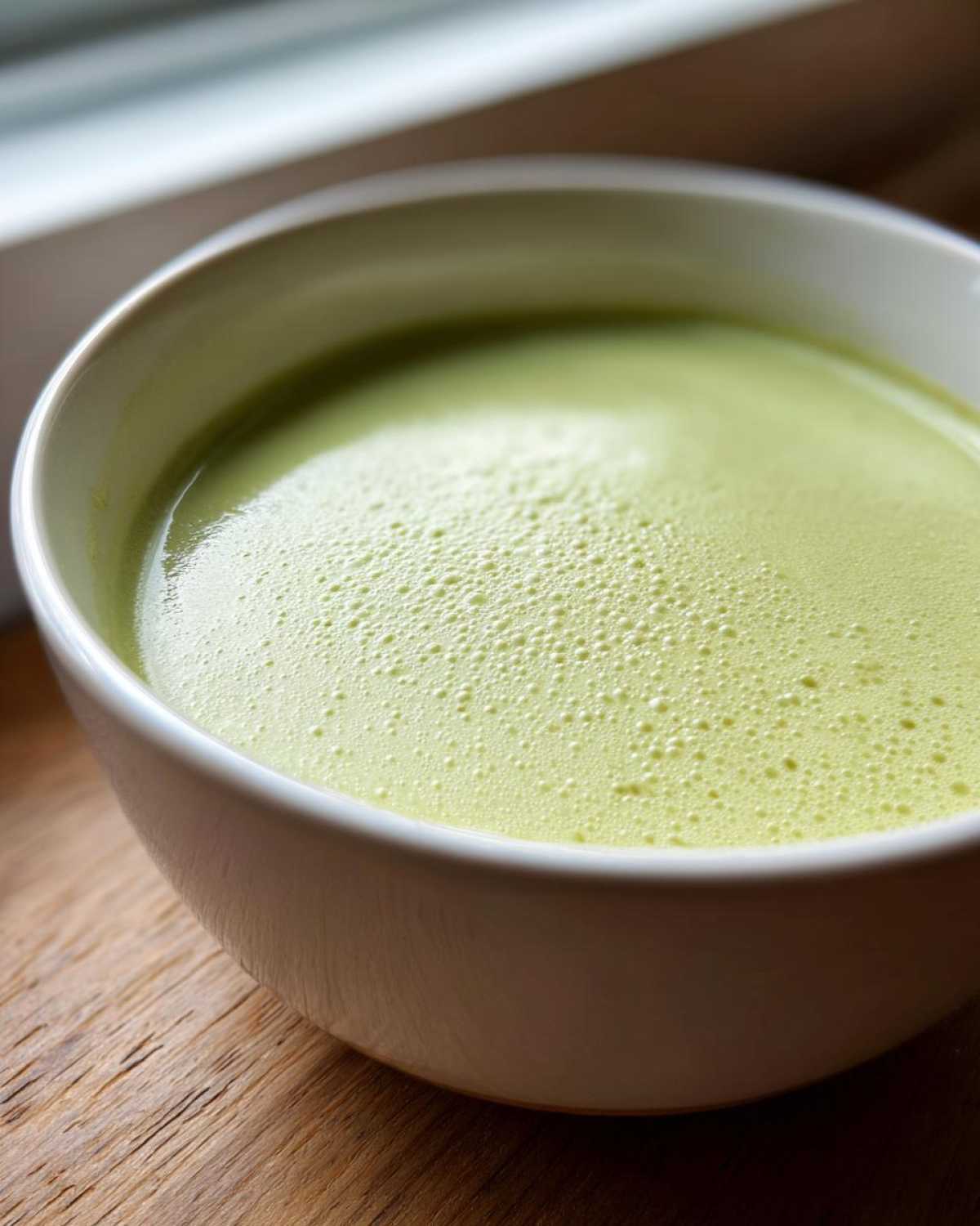 Close-up of a white bowl filled with smooth, pale green Creamy Potato Leek Soup, showing fine foam on top.