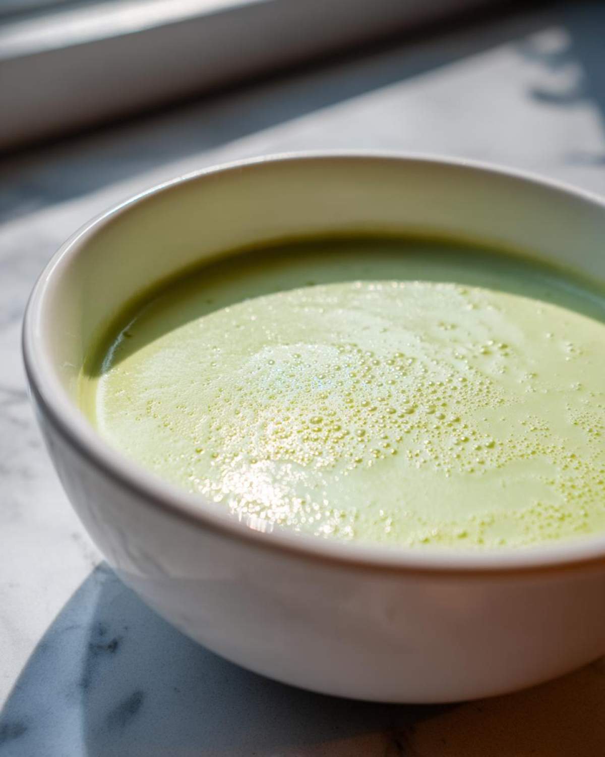 Close-up of a bowl containing light green, creamy potato leek soup with small bubbles on the surface.