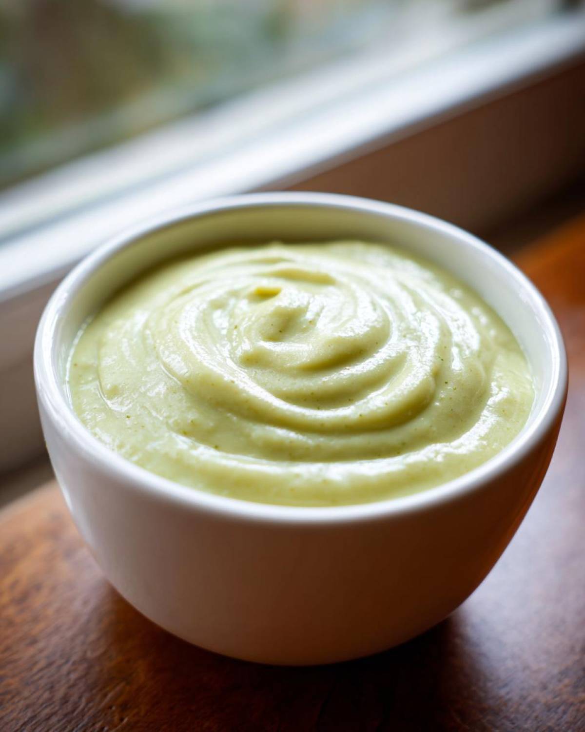 Close-up of a perfectly smooth bowl of Creamy Potato Leek Soup with a swirl pattern on top.