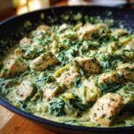 Close-up of chunks of chicken, spinach, and artichoke hearts in a rich, creamy sauce in a skillet.
