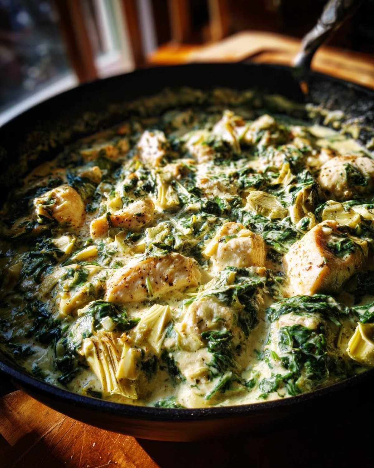 Close-up of chunks of chicken submerged in a rich, creamy sauce with spinach and artichoke hearts in a black skillet.