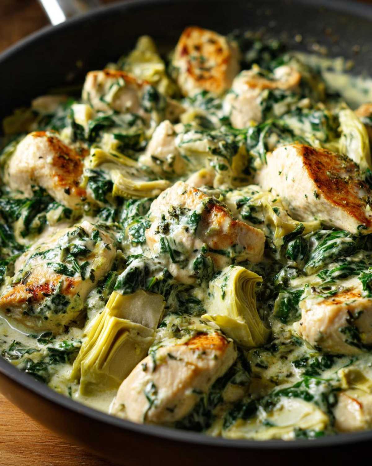 Close-up of seared chicken pieces in a rich, creamy sauce with spinach and artichoke hearts, part of the Creamy Spinach Artichoke Chicken Skillet.