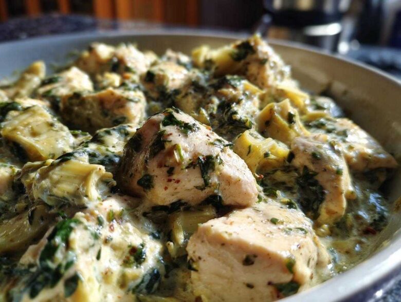 Close-up of tender chicken pieces coated in a rich, creamy sauce with spinach and artichoke hearts in a skillet.