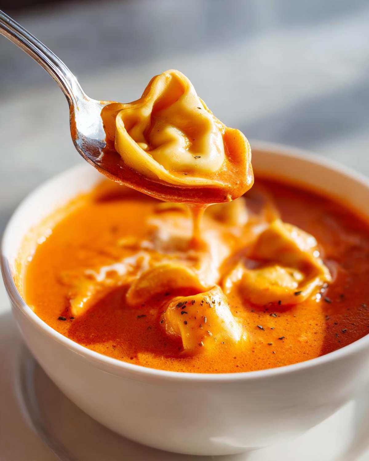 A spoonful of cheesy tortellini being lifted from a bowl of rich, orange Creamy Tomato Tortellini Soup.