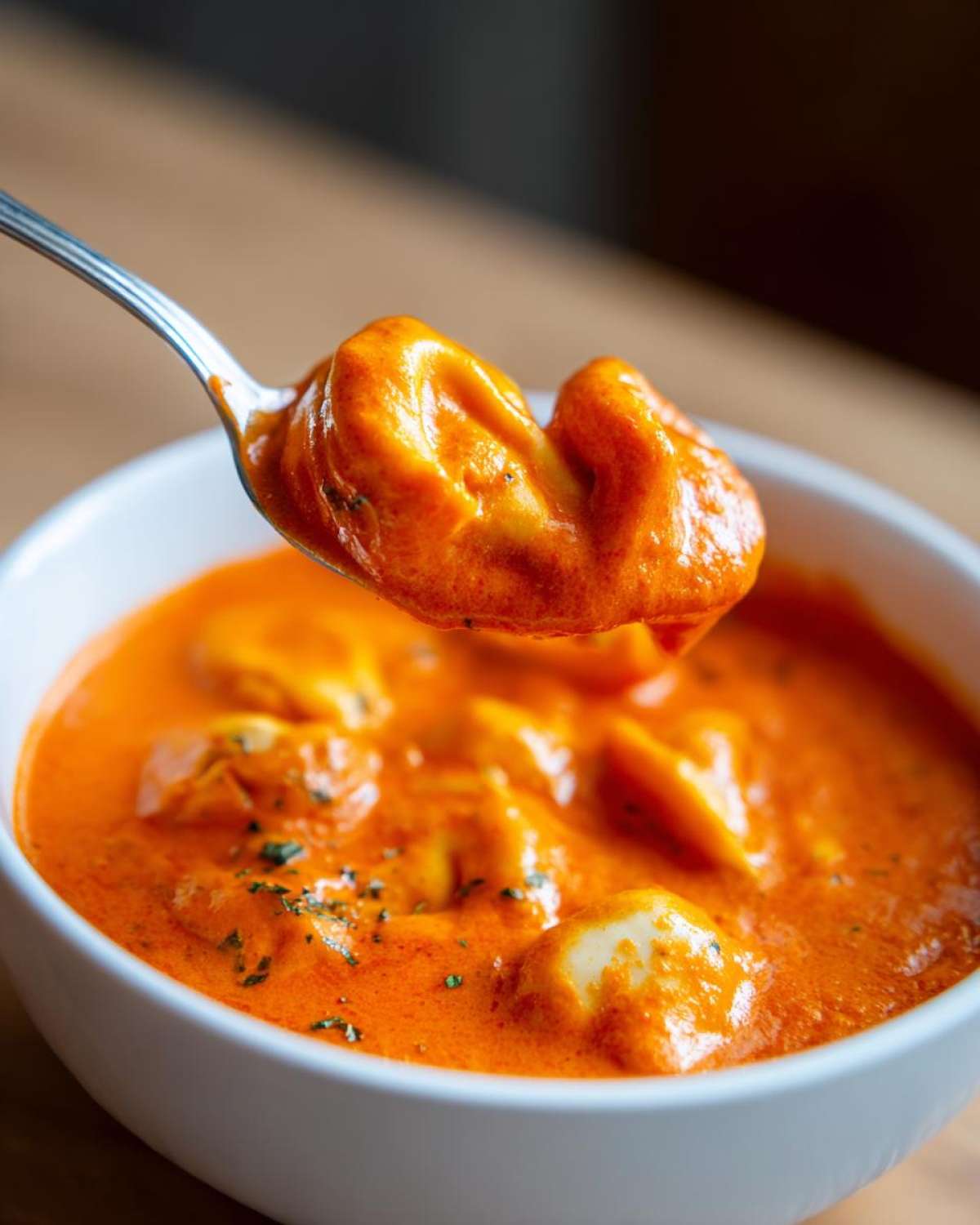 A spoonful of cheesy tortellini being lifted from a bowl of rich, orange Creamy Tomato Tortellini Soup.