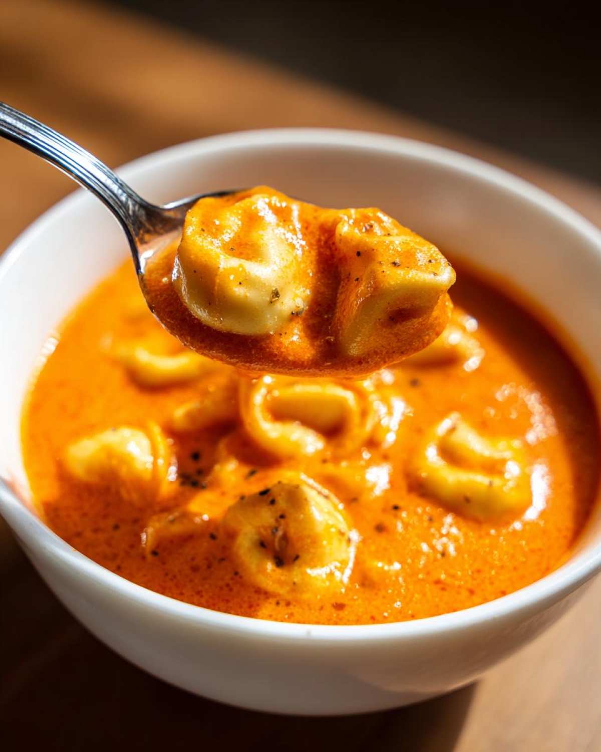 A spoonful of cheesy tortellini coated in rich, creamy tomato soup being lifted from a white bowl.