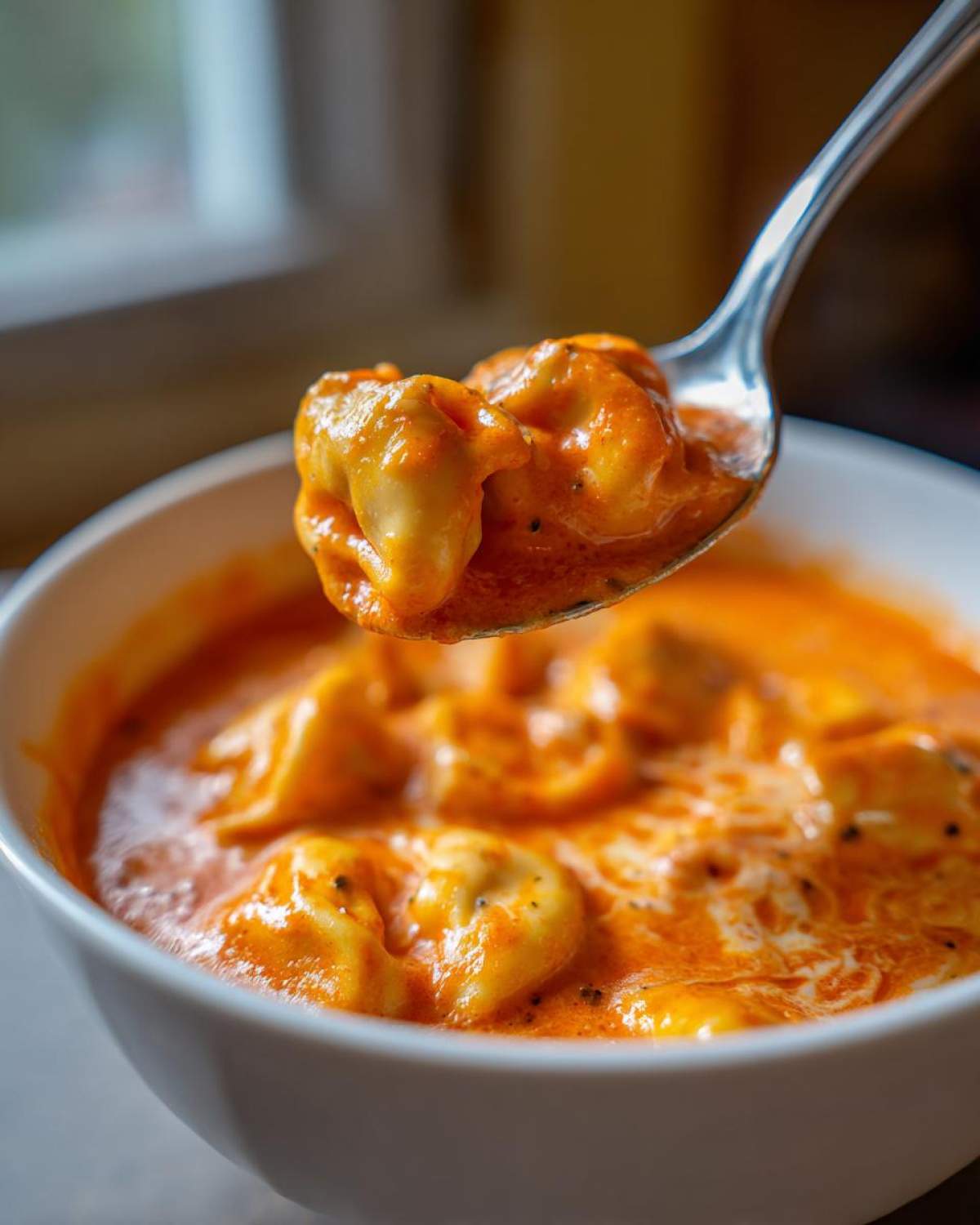 A spoonful of cheesy tortellini coated in rich, creamy tomato soup being lifted from a white bowl.