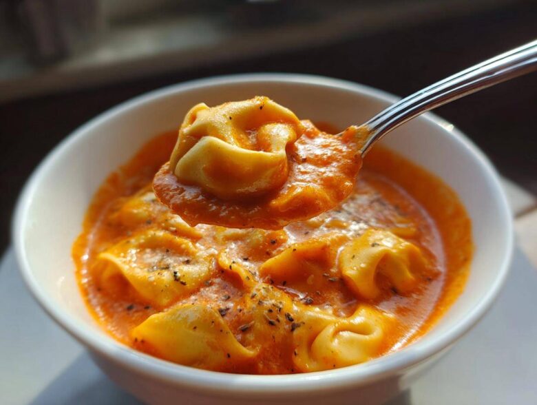 A spoonful of tortellini lifted from a bowl of rich, creamy tomato tortellini soup, garnished with herbs.