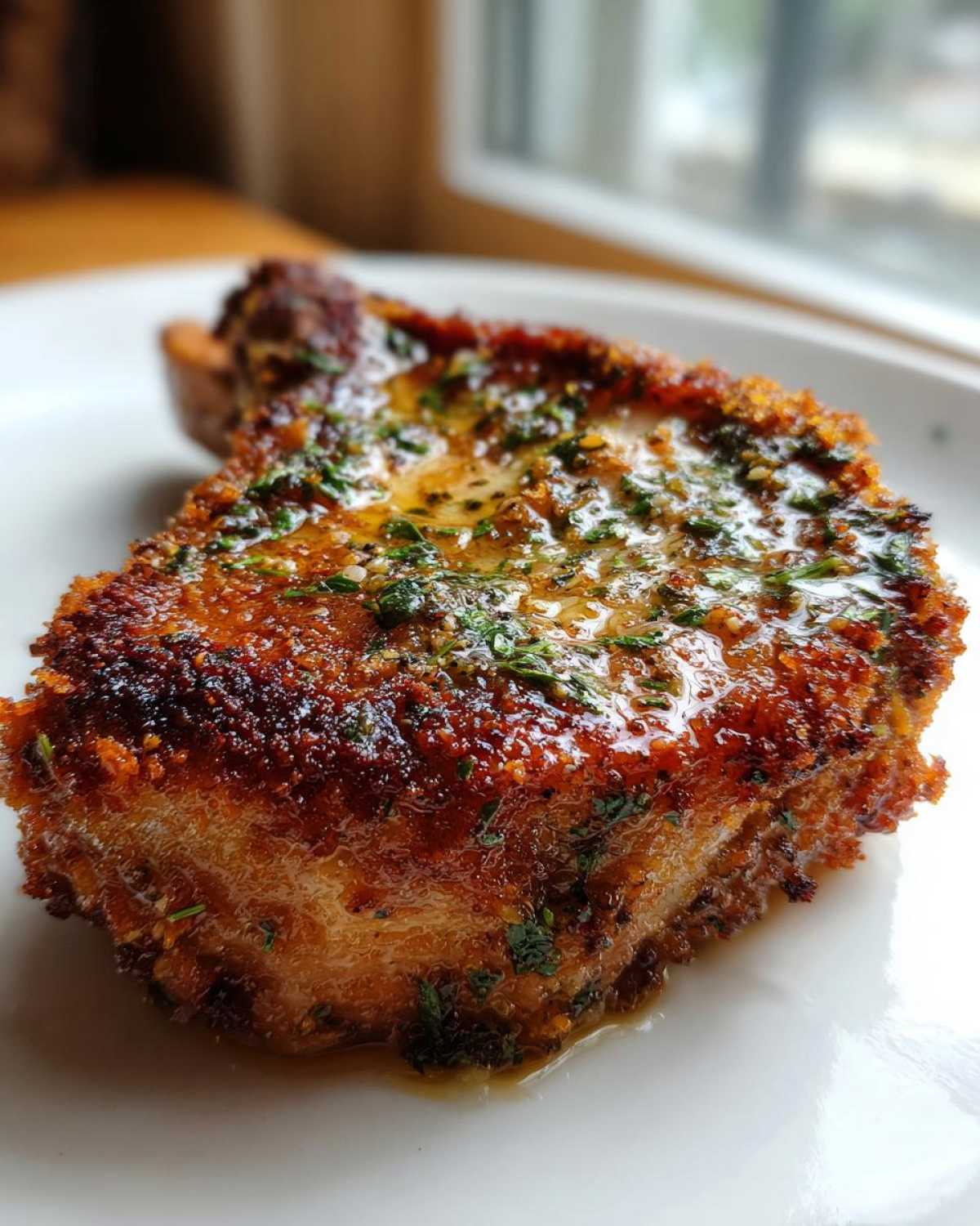 Close-up of a crispy air fryer pork chop topped with melted garlic butter and fresh parsley.