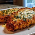Two golden brown, crispy air fryer pork chops topped with melted garlic butter and fresh parsley.