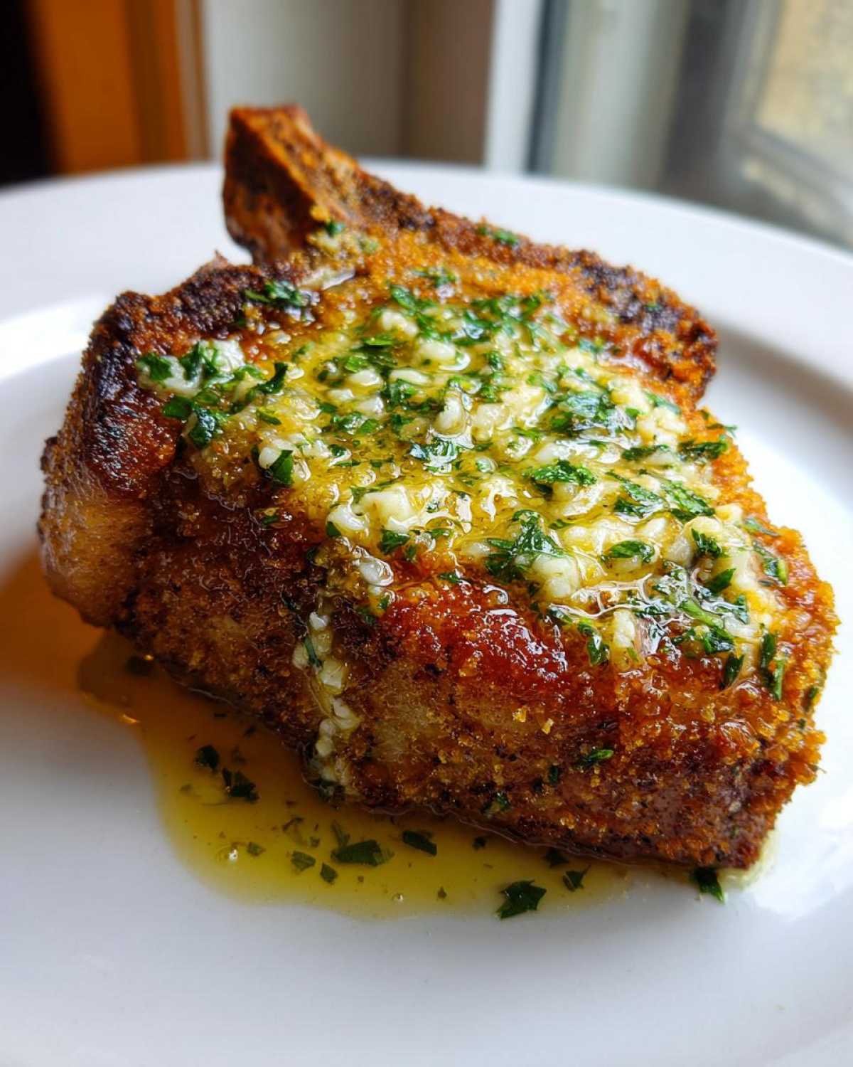 A close-up of a crispy air fryer pork chop topped generously with melted garlic butter and fresh parsley.
