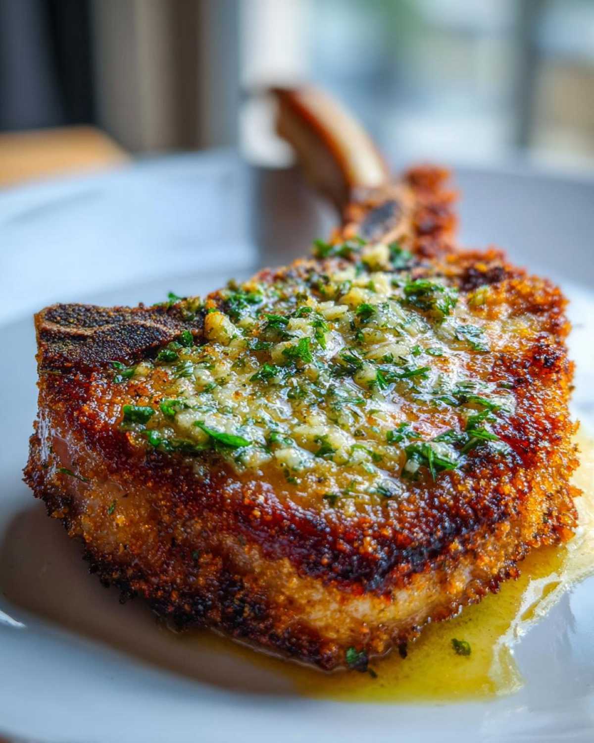 Close-up of a thick, crispy air fryer pork chop topped with glistening garlic butter and fresh parsley.
