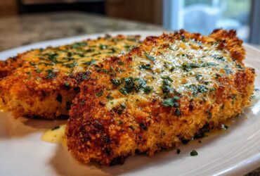 Two golden brown, crispy air fryer pork chops topped with melted garlic butter and fresh parsley.