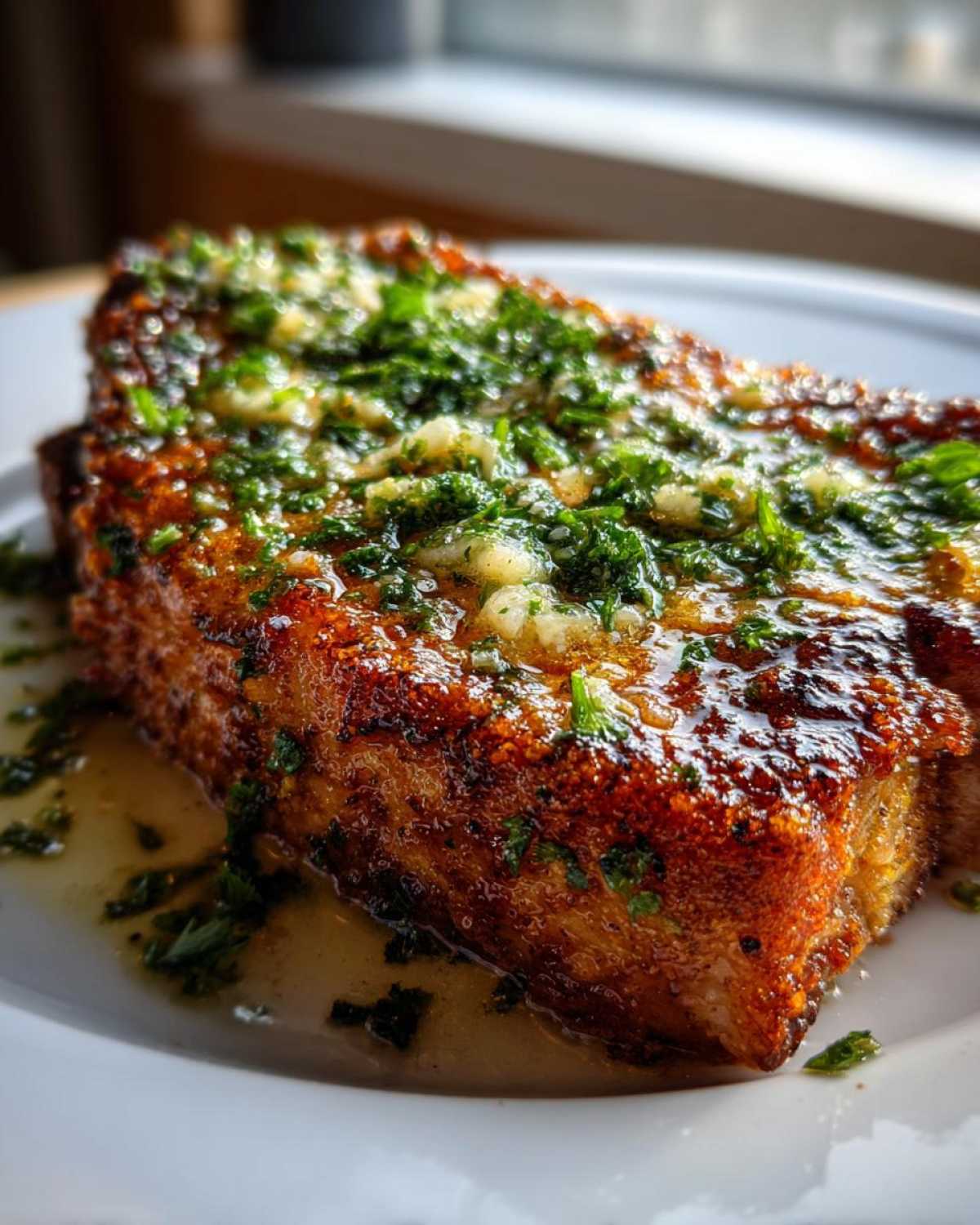 Close-up of a perfectly cooked, crispy air fryer pork chop topped with glistening garlic butter and fresh parsley.