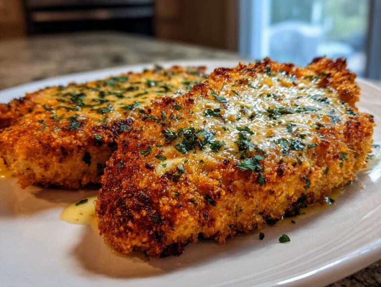 Two golden brown, crispy air fryer pork chops topped with melted garlic butter and fresh parsley.