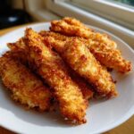 A plate of golden brown, very crispy baked chicken tenders with cornflake crust piled on a white plate.