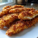 A pile of golden brown, crispy baked chicken tenders with cornflake crust stacked on a white plate.
