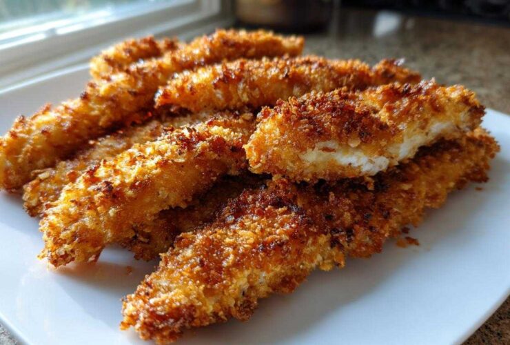A pile of golden brown, crispy baked chicken tenders with cornflake crust stacked on a white plate.