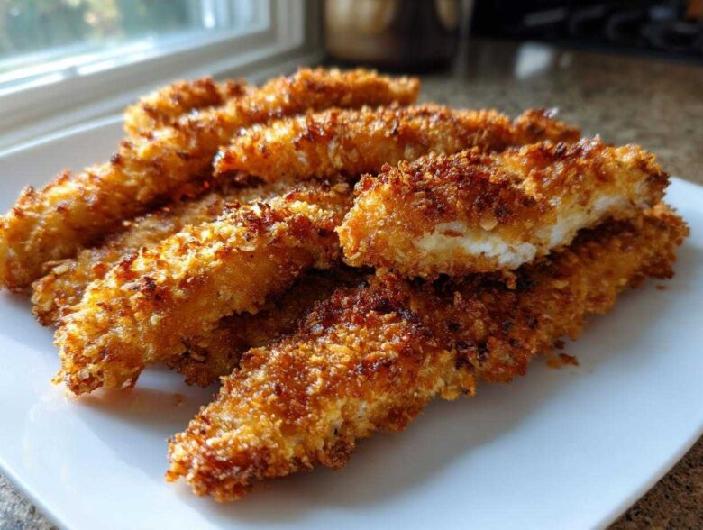 A pile of golden brown, crispy baked chicken tenders with cornflake crust stacked on a white plate.