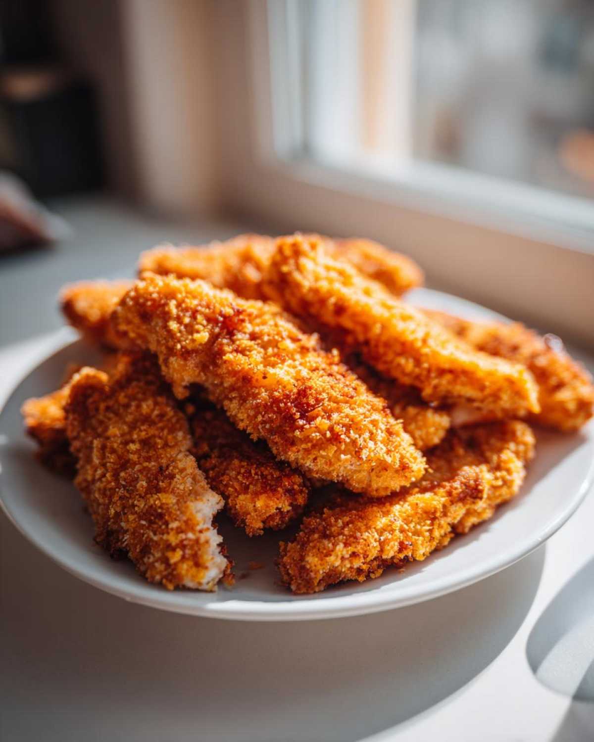 A pile of golden brown Crispy Baked Chicken Tenders with Cornflake Crust on a white plate.