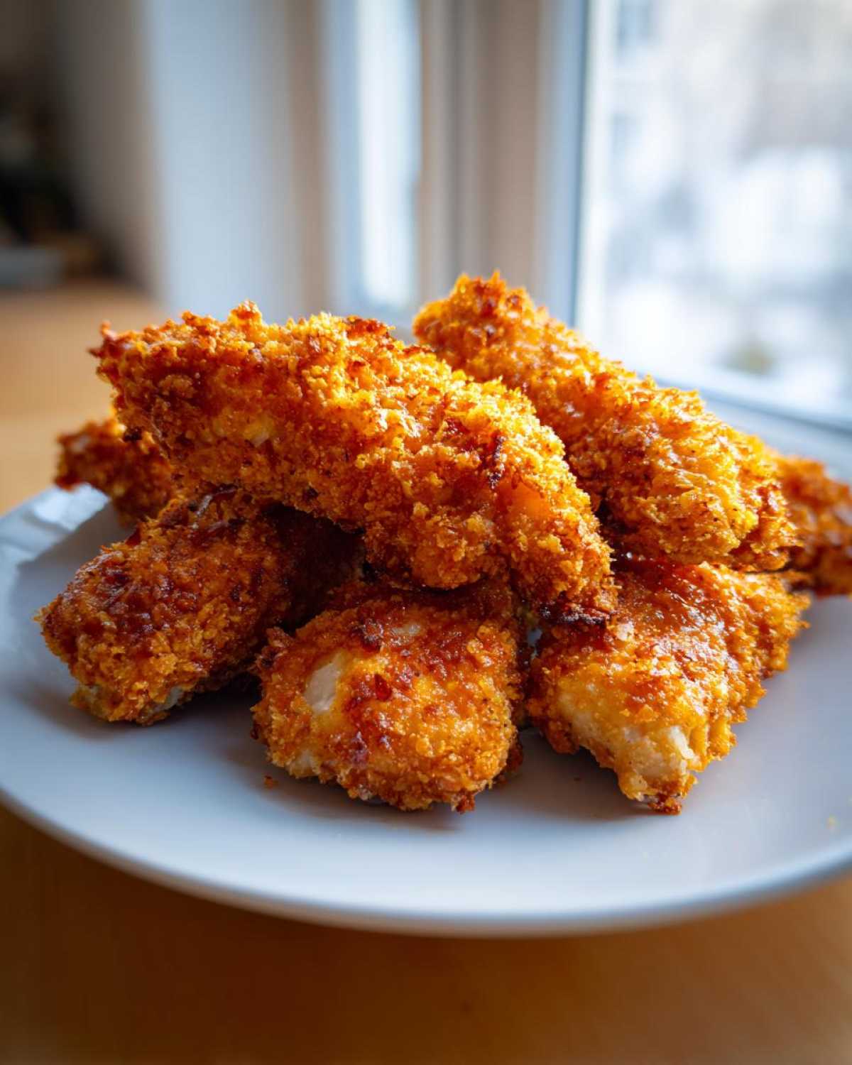 A pile of golden brown, crispy baked chicken tenders with cornflake crust served on a white plate.