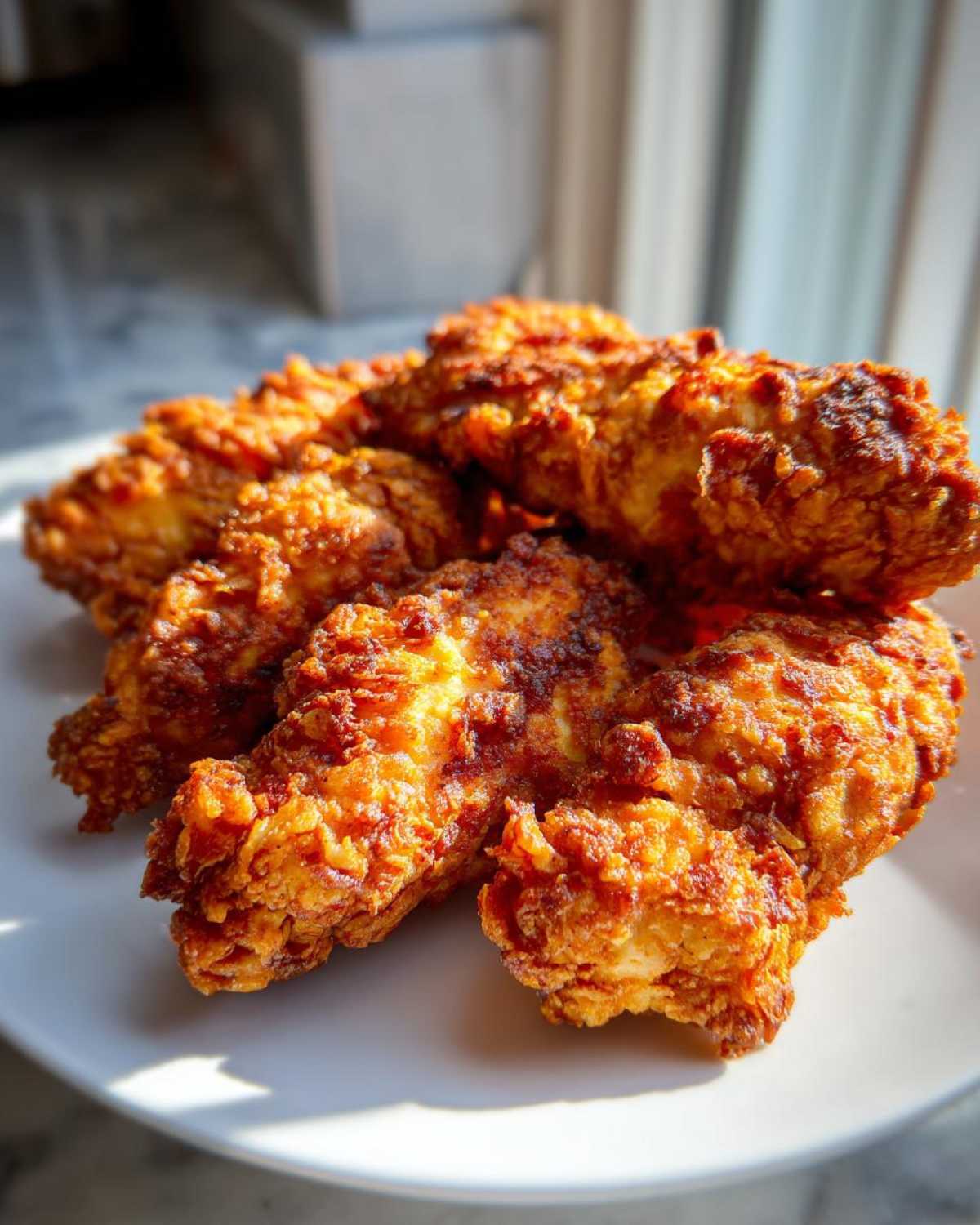 A pile of golden brown, crispy baked chicken tenders with cornflake crust stacked on a white plate.