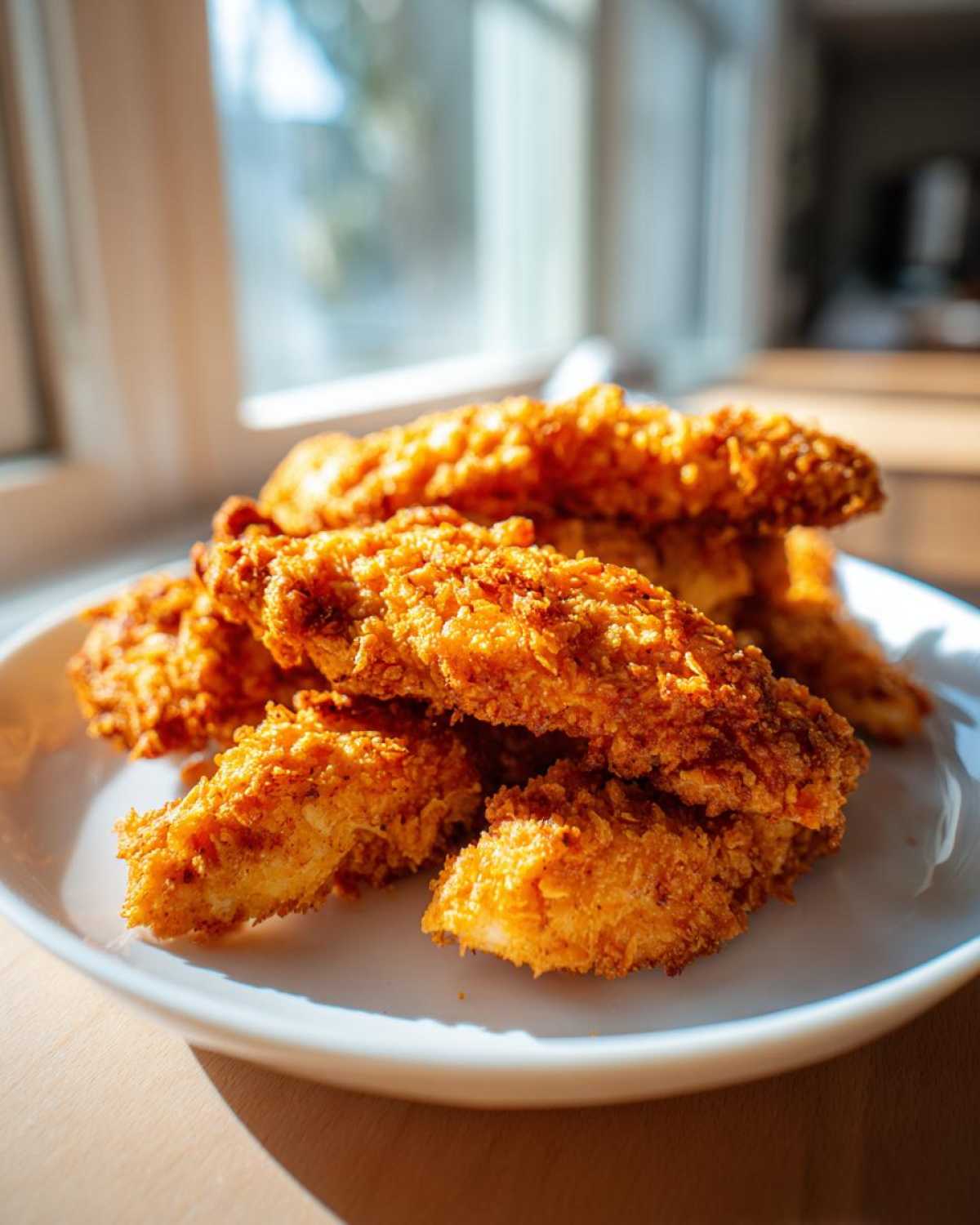 A pile of golden brown Crispy Baked Chicken Tenders with Cornflake Crust stacked on a white plate.