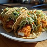 Four Crispy Baked Fish Tacos filled with crunchy fish and topped with bright lime slaw on a white plate.