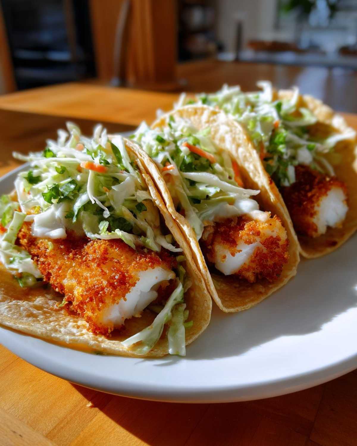 Three Crispy Baked Fish Tacos loaded with flaky white fish and bright lime slaw on a white plate.