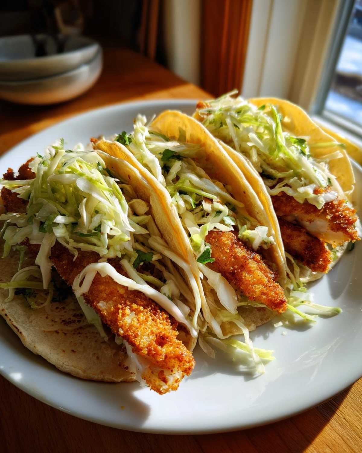 Three Crispy Baked Fish Tacos loaded with crunchy slaw and drizzled with white sauce on a white plate.