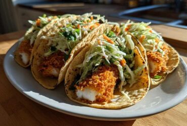 Four Crispy Baked Fish Tacos filled with crunchy fish and topped with bright lime slaw on a white plate.
