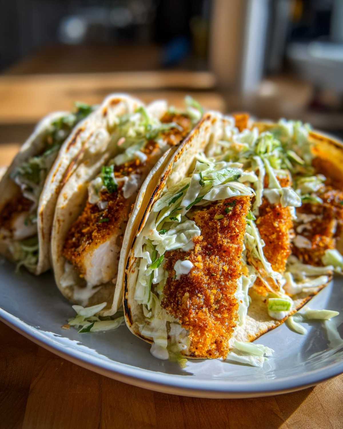 Close-up of three Crispy Baked Fish Tacos with crunchy breading, topped with lime slaw and white sauce.