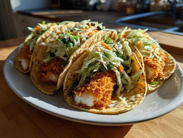 Four Crispy Baked Fish Tacos filled with crunchy fish and topped with bright lime slaw on a white plate.
