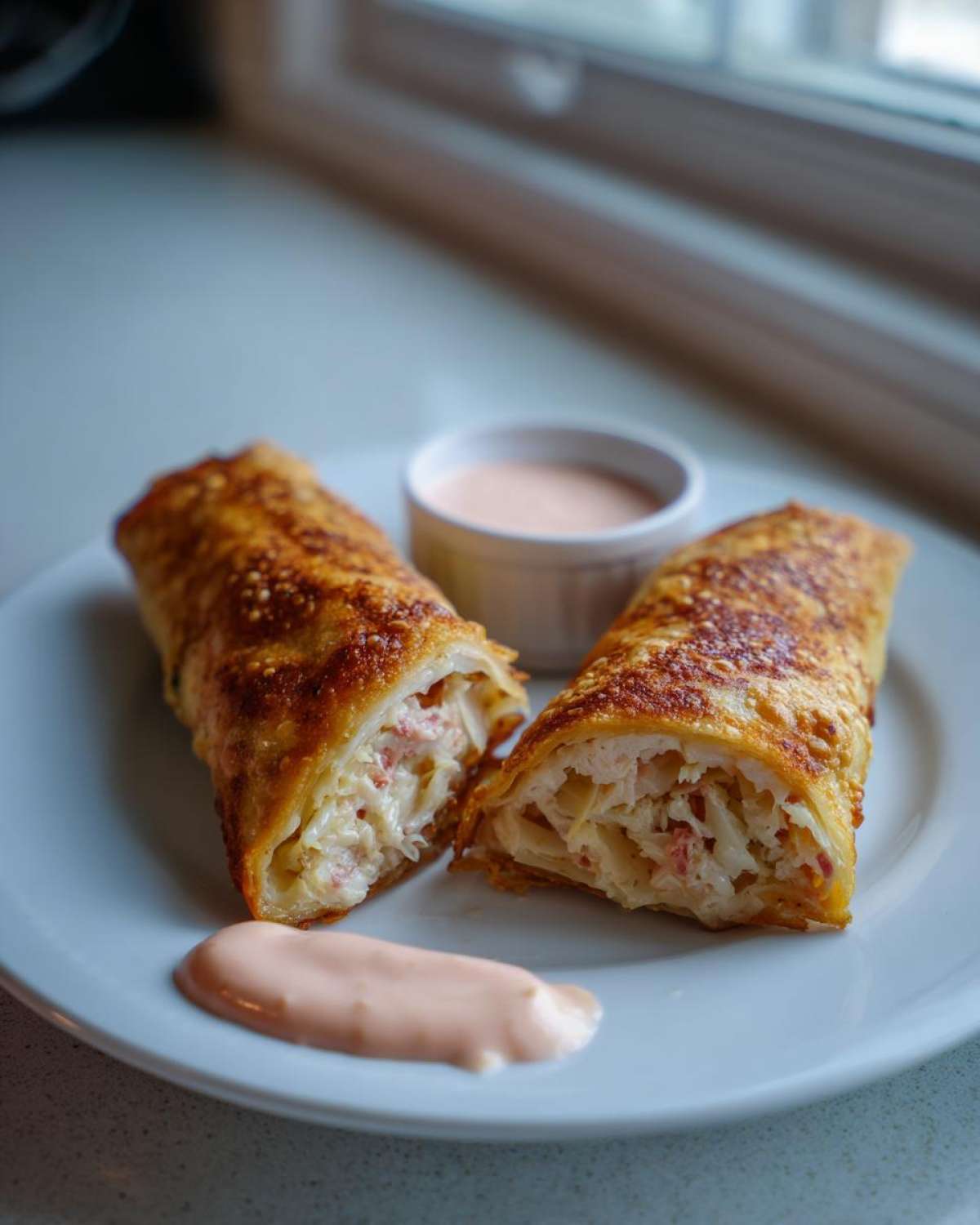 Two halves of Crispy Baked Reuben Egg Rolls showing the cheesy filling, served with Thousand Island Dip.