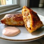 Two Crispy Baked Reuben Egg Rolls, one cut open showing filling next to a dollop of Thousand Island Dip.
