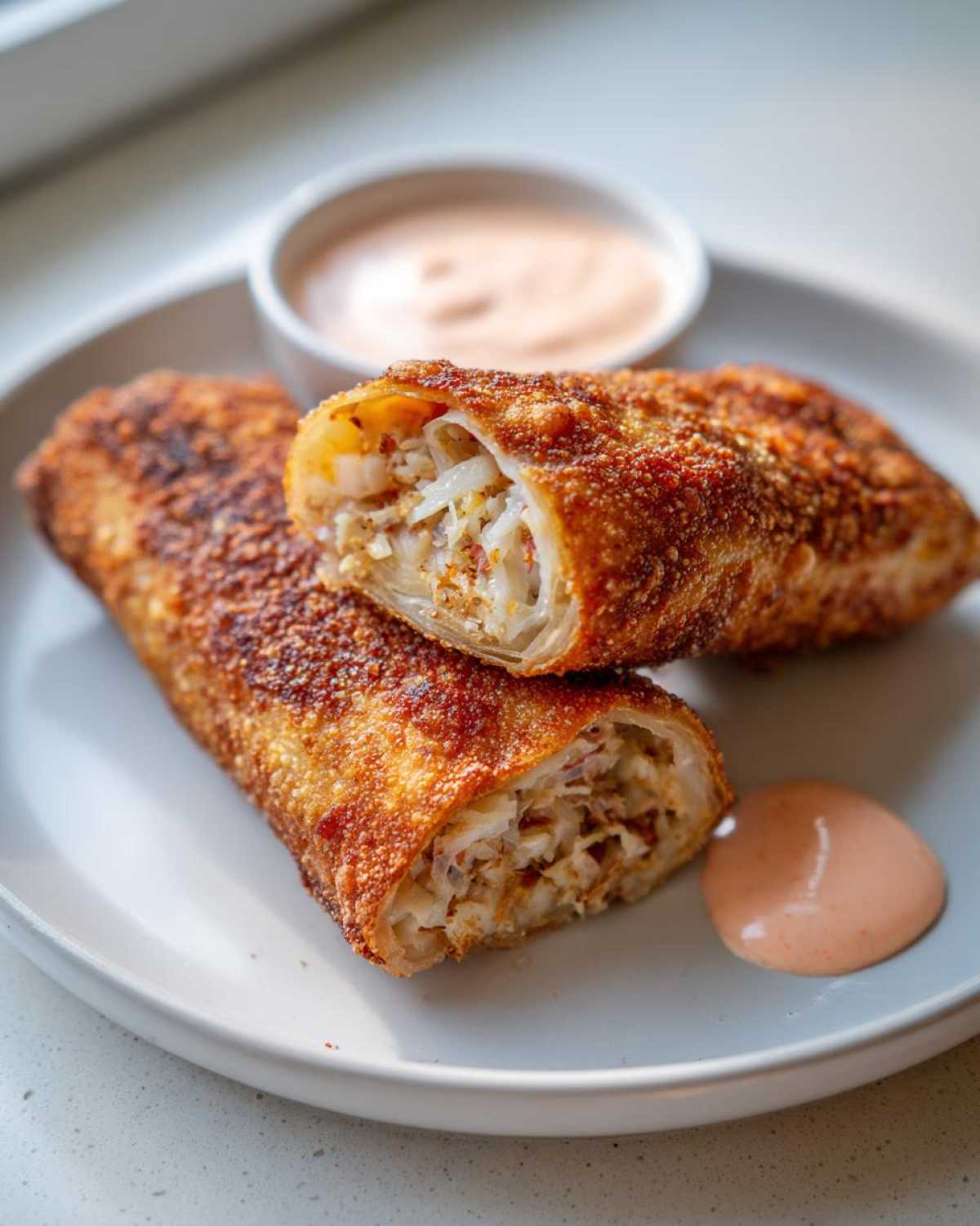 Two Crispy Baked Reuben Egg Rolls, one cut open showing sauerkraut filling, served with Thousand Island Dip.