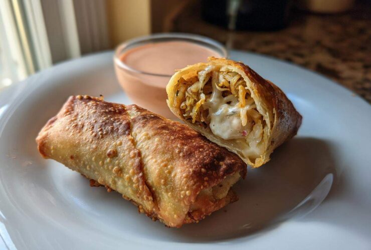 Two Crispy Baked Reuben Egg Rolls, one cut open showing melted cheese and filling, served with Thousand Island Dip.