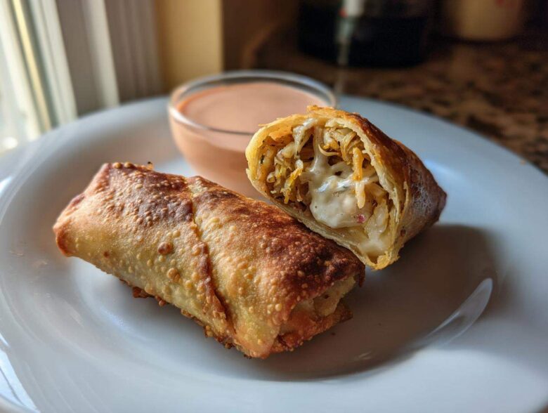 Two Crispy Baked Reuben Egg Rolls, one cut open showing melted cheese and filling, served with Thousand Island Dip.