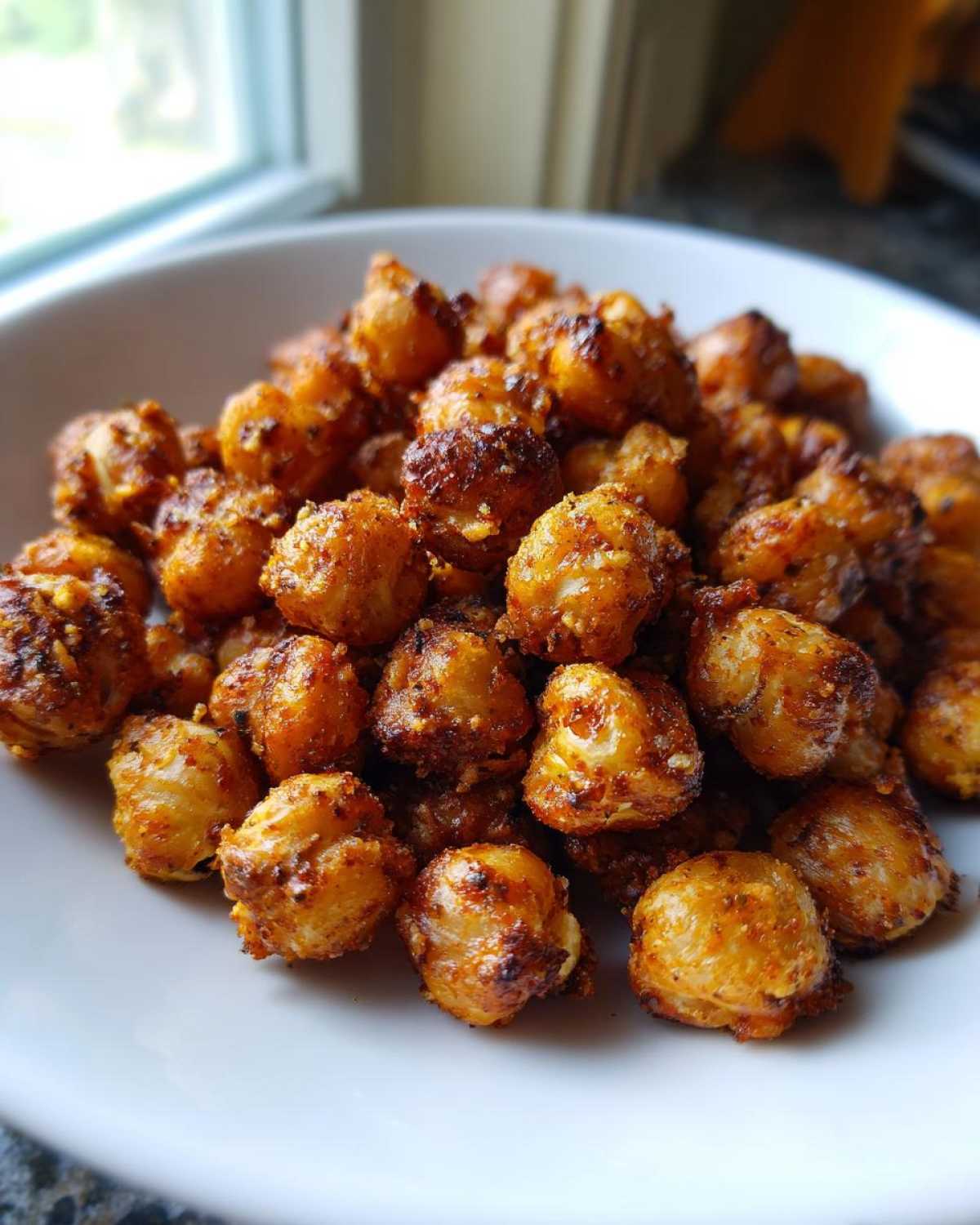 Close-up of golden, seasoned Crunchy Air Fryer Ranch Chickpeas piled in a white bowl.