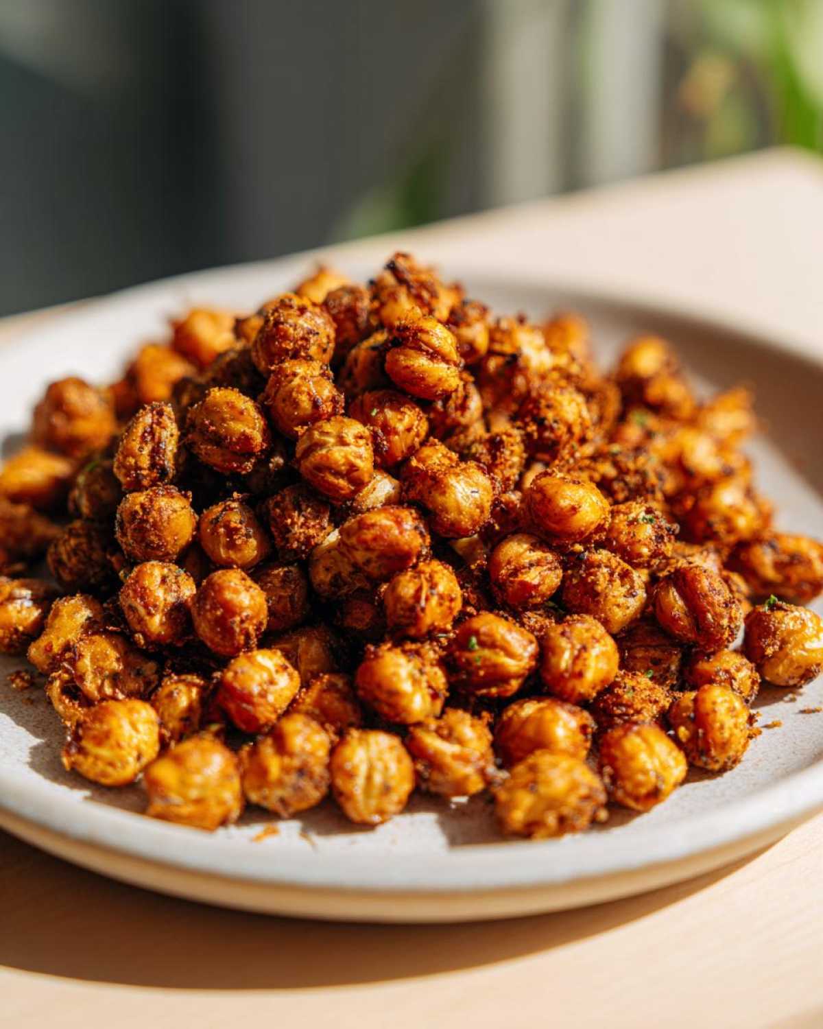 A close-up shot of a mound of golden brown, seasoned Crunchy Air Fryer Ranch Chickpeas on a light plate.
