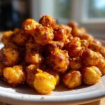 Close-up of a mound of golden brown, Crunchy Air Fryer Ranch Chickpeas piled high on a white plate.