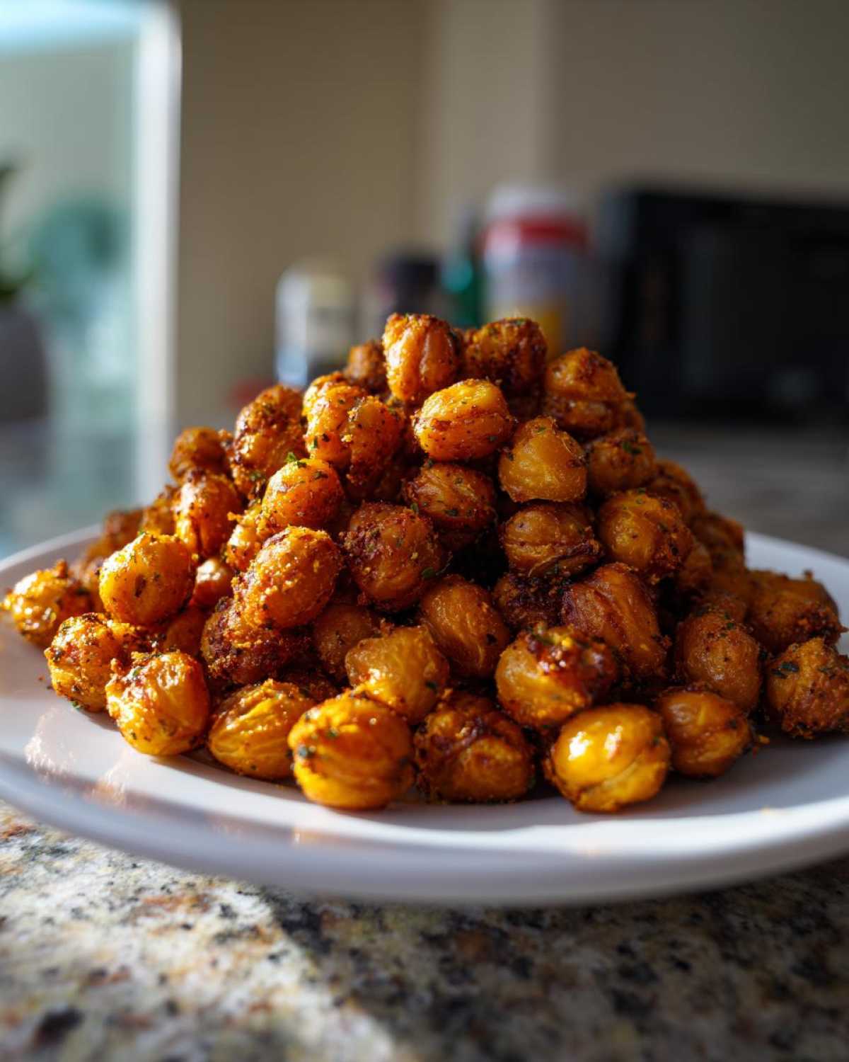 A mound of golden brown, seasoned Crunchy Air Fryer Ranch Chickpeas piled high on a white plate.