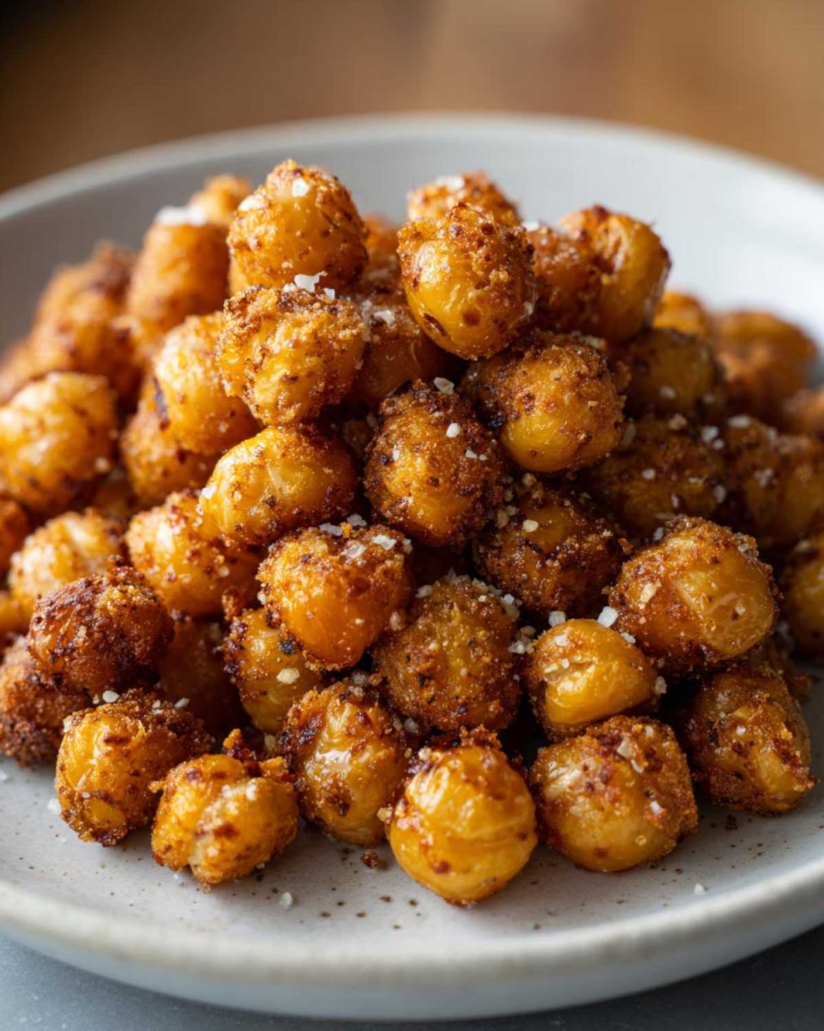 A close-up of a mound of golden brown, seasoned Crunchy Air Fryer Ranch Chickpeas sprinkled with coarse salt.