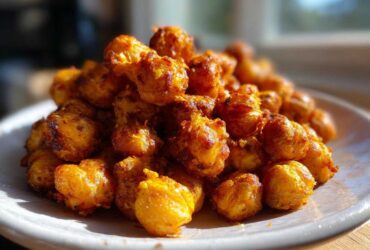 Close-up of a mound of golden brown, Crunchy Air Fryer Ranch Chickpeas piled high on a white plate.