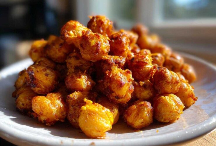 Close-up of a mound of golden brown, Crunchy Air Fryer Ranch Chickpeas piled high on a white plate.