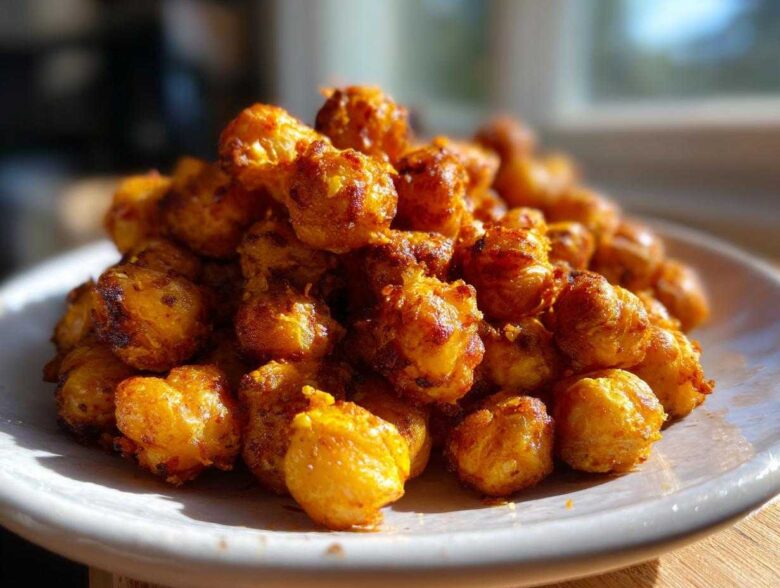 Close-up of a mound of golden brown, Crunchy Air Fryer Ranch Chickpeas piled high on a white plate.