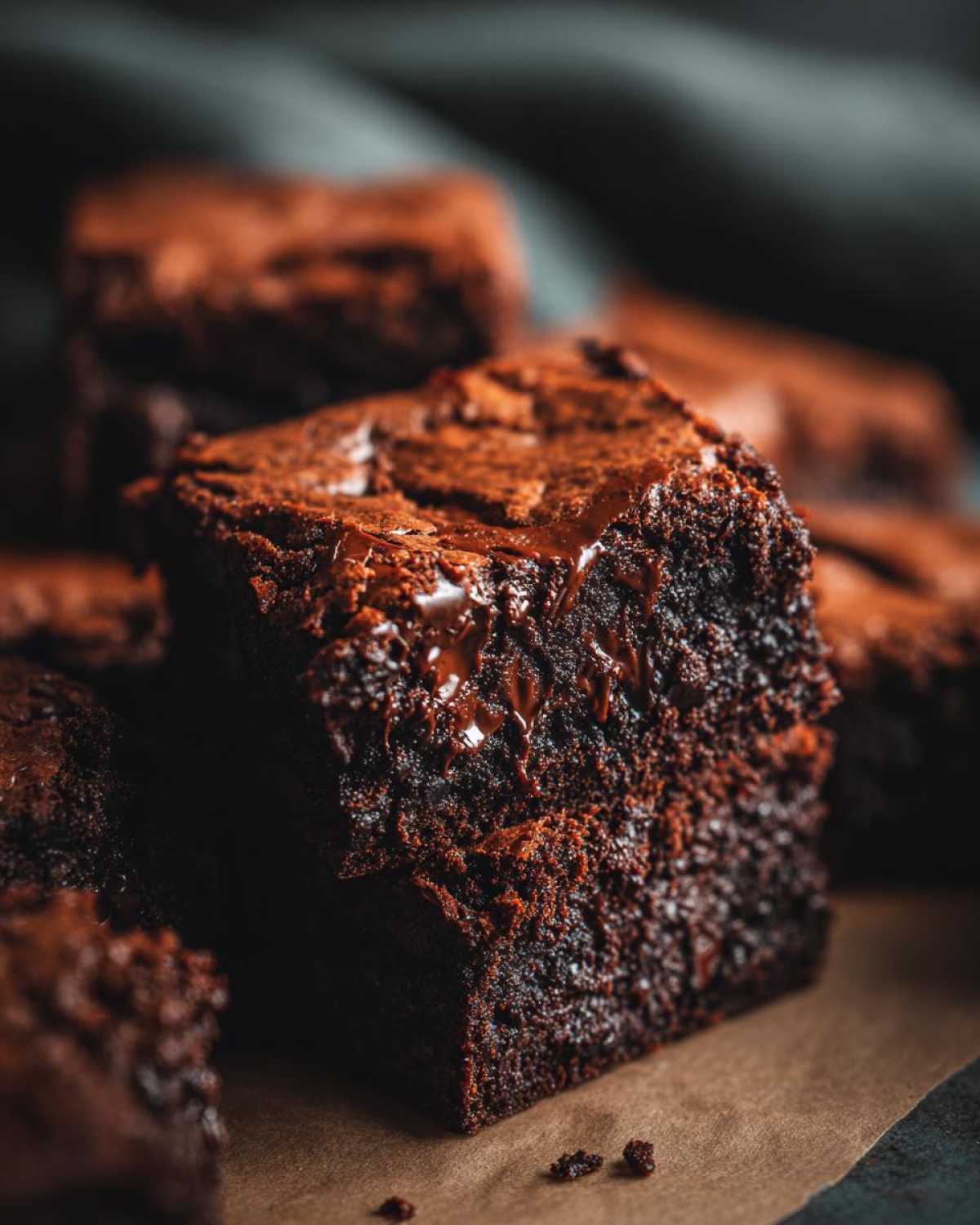 Close-up of a fudgy Dark Chocolate Tahini Brownies square with melted chocolate drizzling down the side.