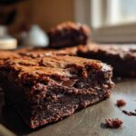 Close-up of a fudgy Dark Chocolate Tahini Brownies square showing a gooey center and flaky top.